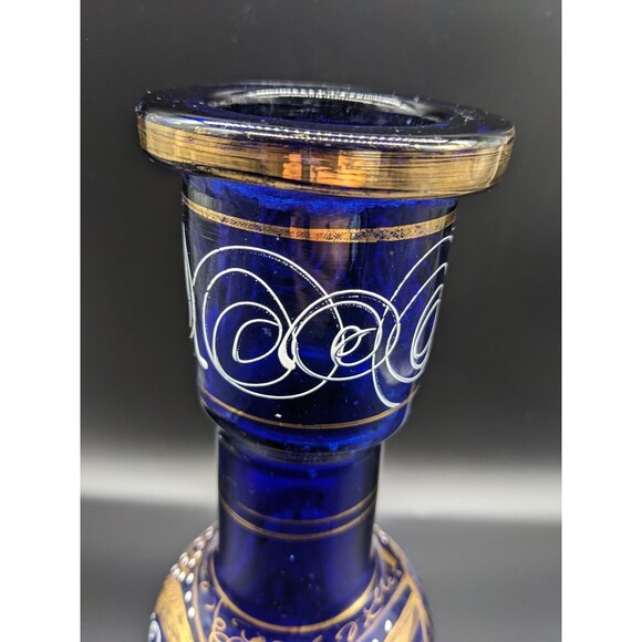Vintage Persian Cobalt Blue Glass Decanter Vase 11.5 " Handpainted EUC - Picture 4 of 7